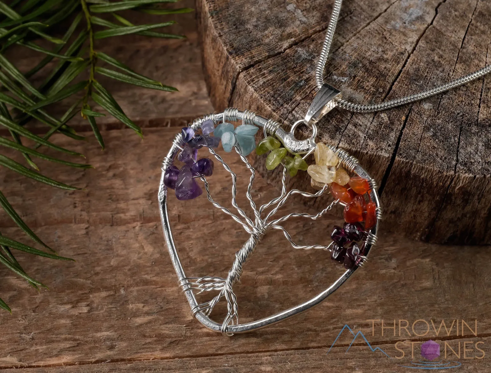 Tree of Life Pendant, CHAKRA Crystal Pendant - Heart - Tree of Life Chakra Necklace, Wire Wrapped Jewelry,  E0909