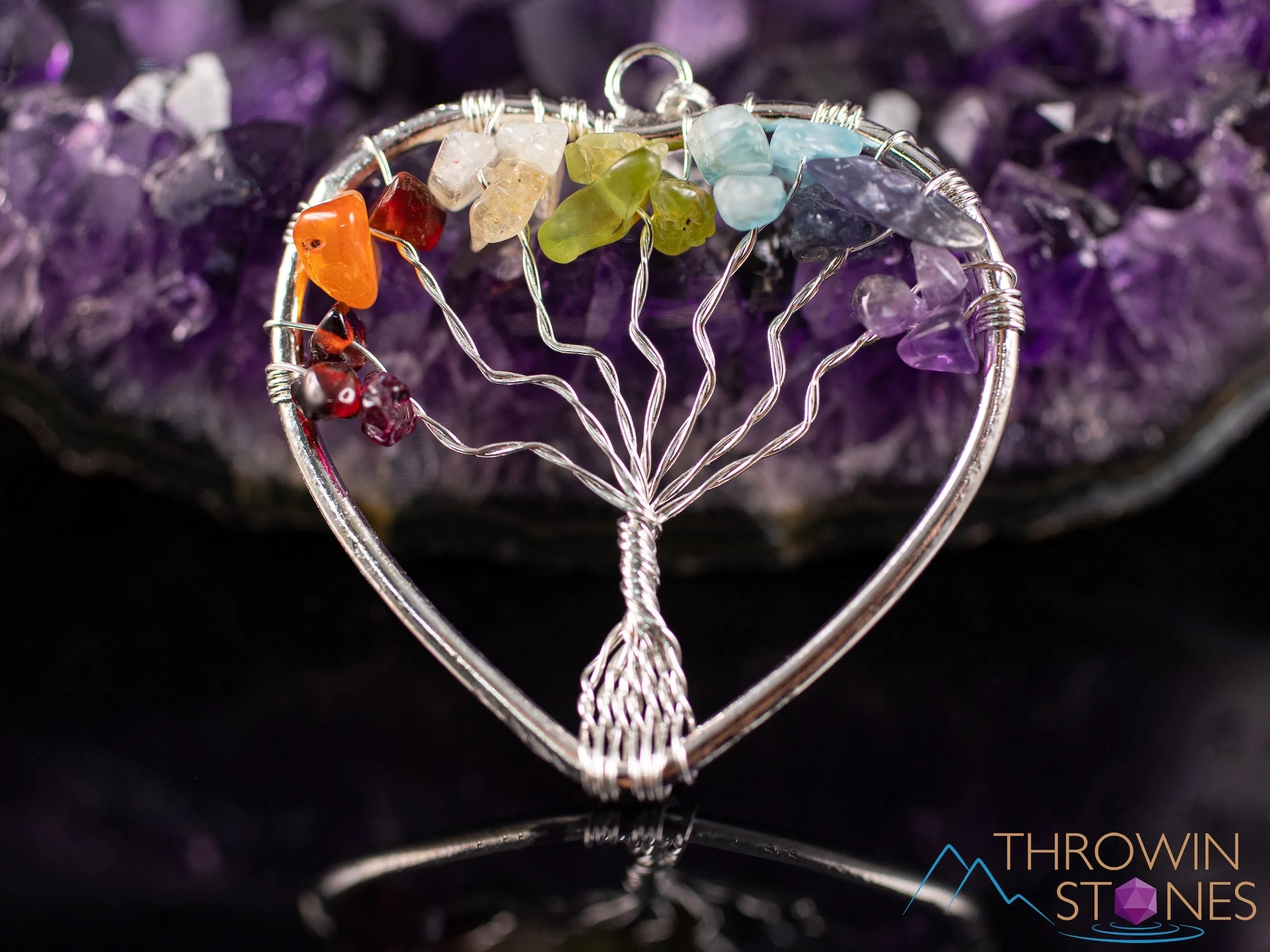 Tree of Life Pendant, CHAKRA Crystal Pendant - Heart - Tree of Life Chakra Necklace, Wire Wrapped Jewelry,  E0909