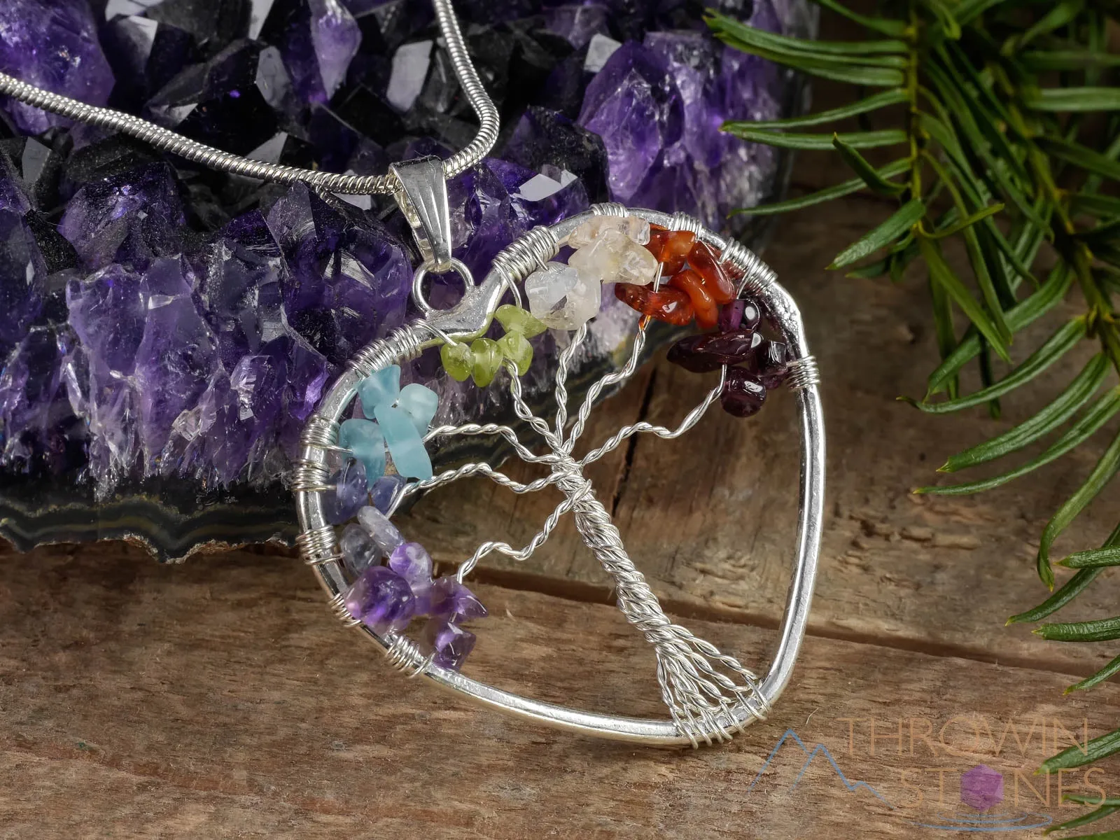 Tree of Life Pendant, CHAKRA Crystal Pendant - Heart - Tree of Life Chakra Necklace, Wire Wrapped Jewelry,  E0909