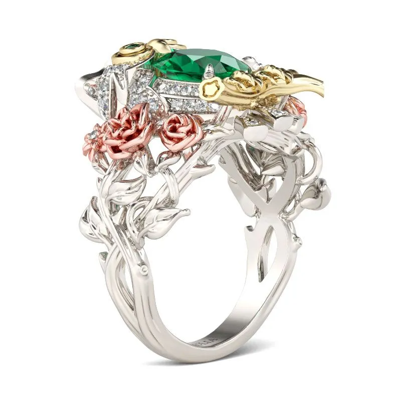 Tricolor Created Green Emerald CZ Owl Ring