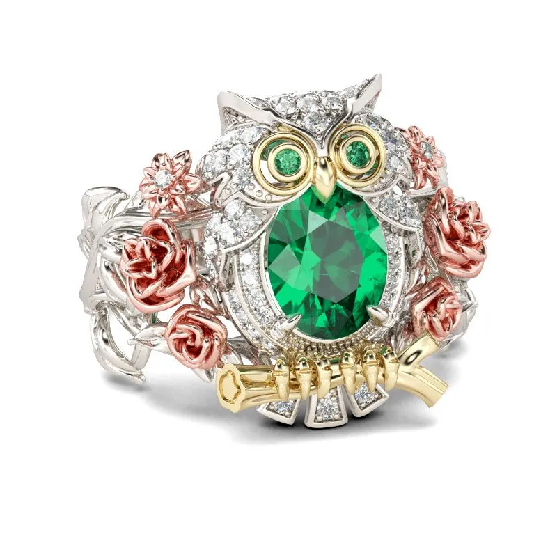 Tricolor Created Green Emerald CZ Owl Ring