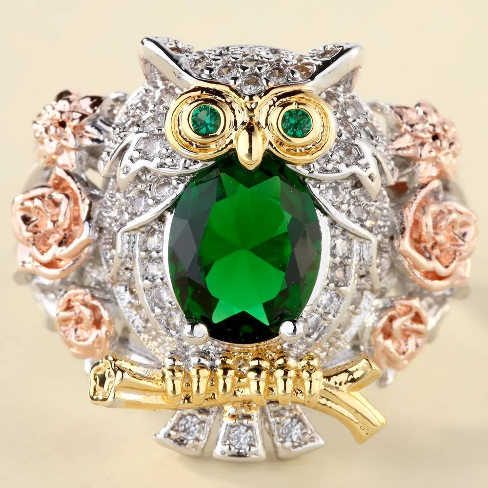 Tricolor Created Green Emerald CZ Owl Ring