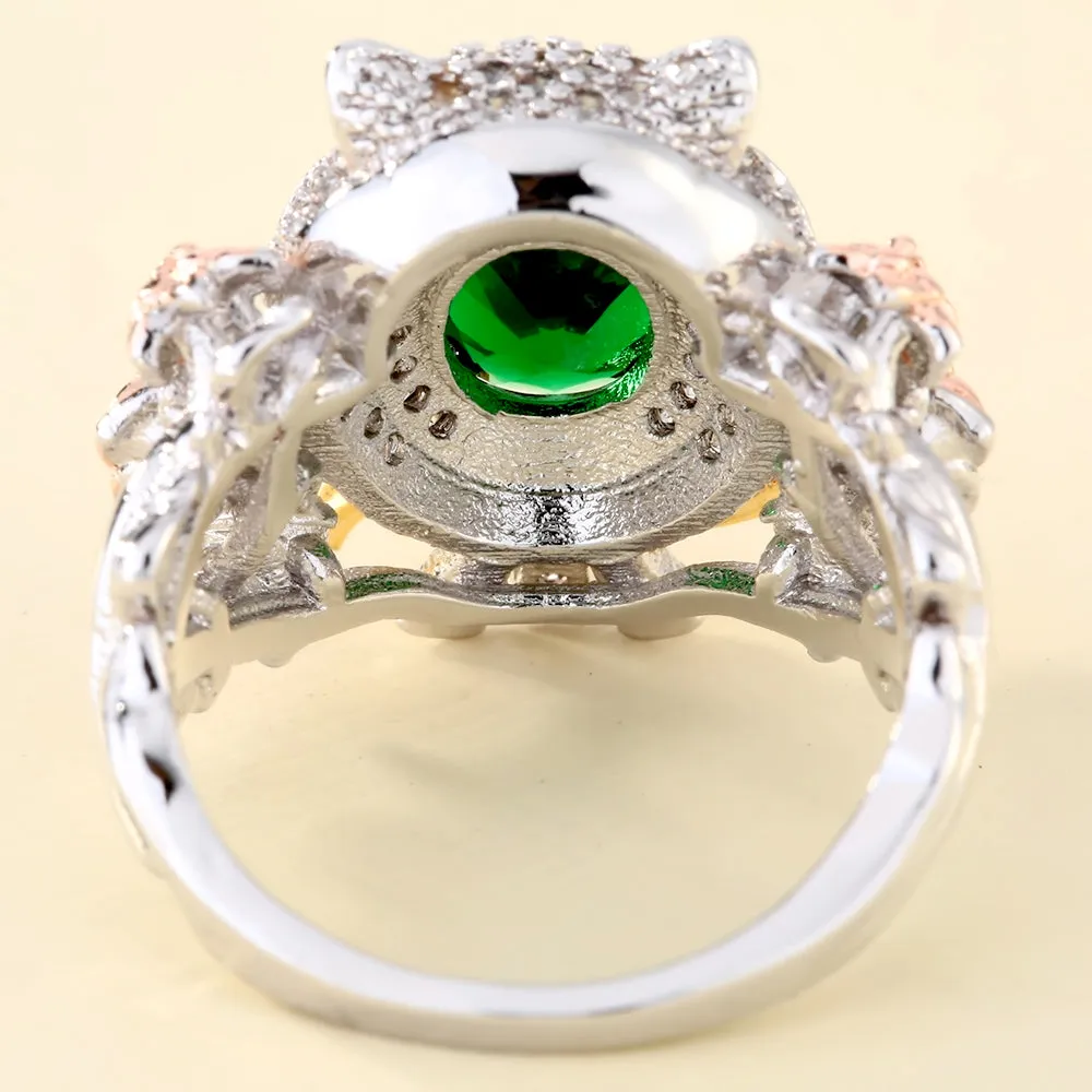 Tricolor Created Green Emerald CZ Owl Ring