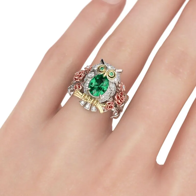 Tricolor Created Green Emerald CZ Owl Ring