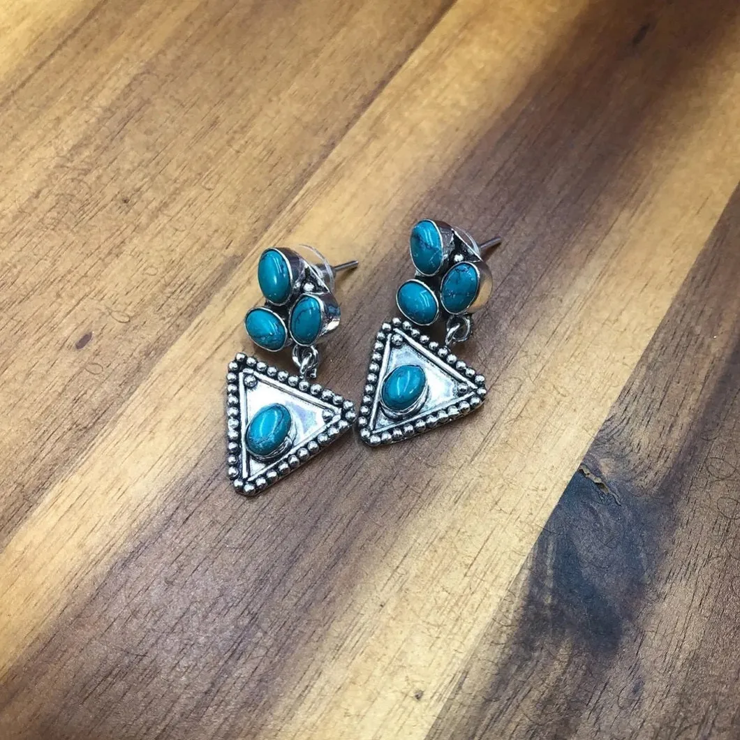 Turquoise Stone Silver Kuchi Drop Earrings