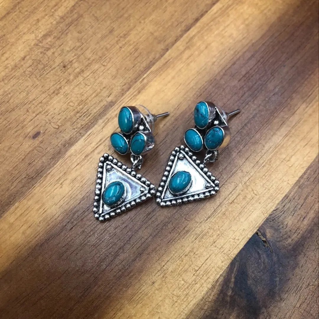 Turquoise Stone Silver Kuchi Drop Earrings