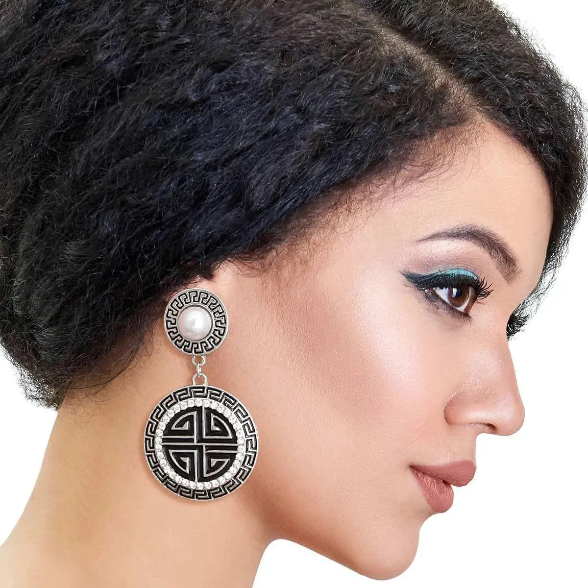 Two-Tone Greek Key Medallion Earrings Black