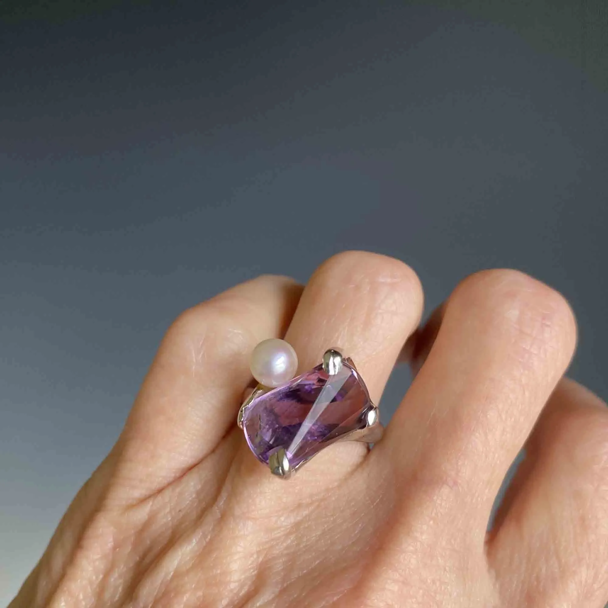 Unique 14K White Gold Pearl Fantasy Cut Amethyst Ring