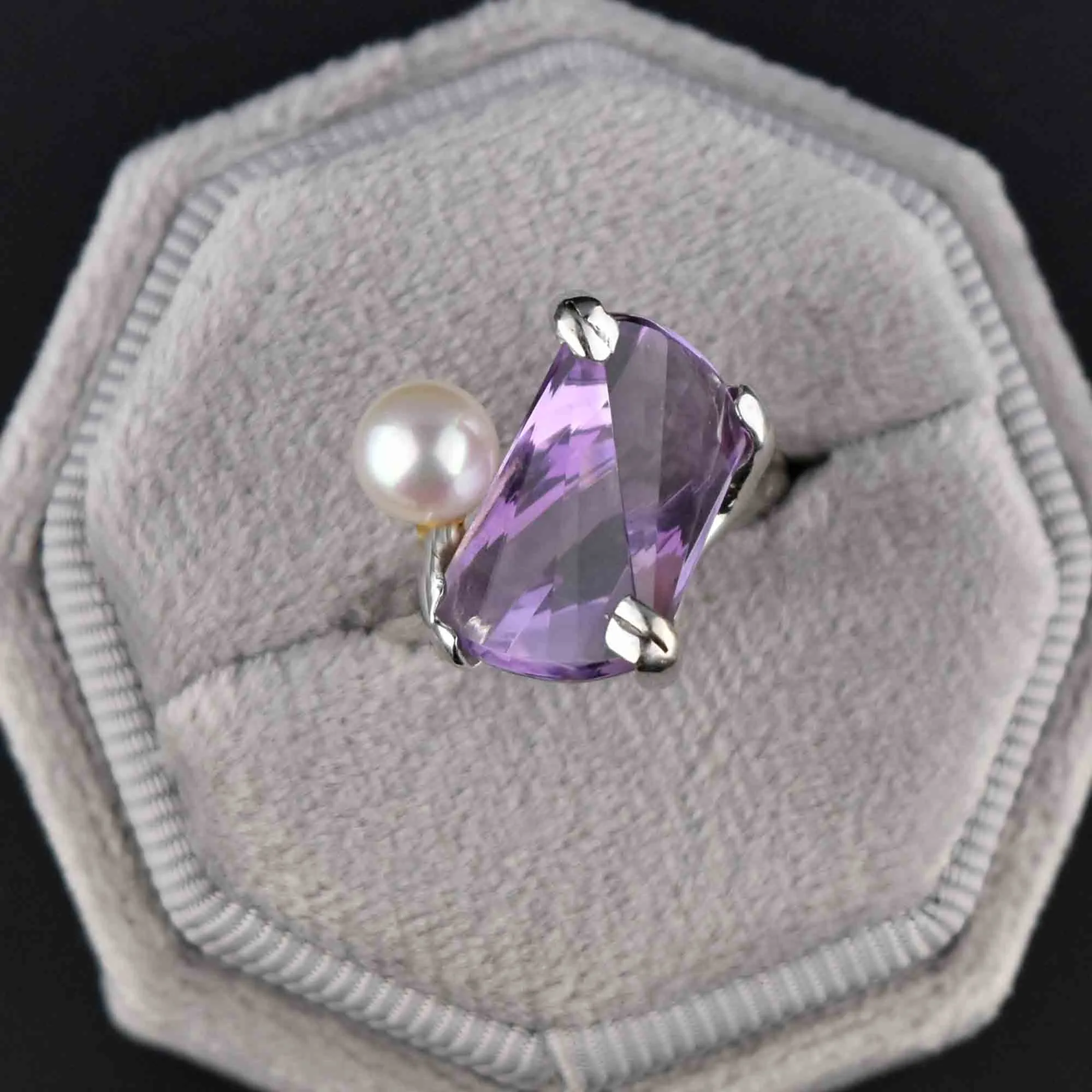 Unique 14K White Gold Pearl Fantasy Cut Amethyst Ring