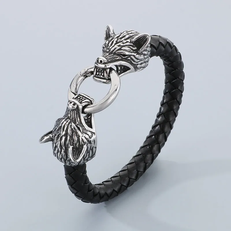 Viking-Inspired Woven Leather Bracelet with Skull Lion and Wolf Head Design for Men