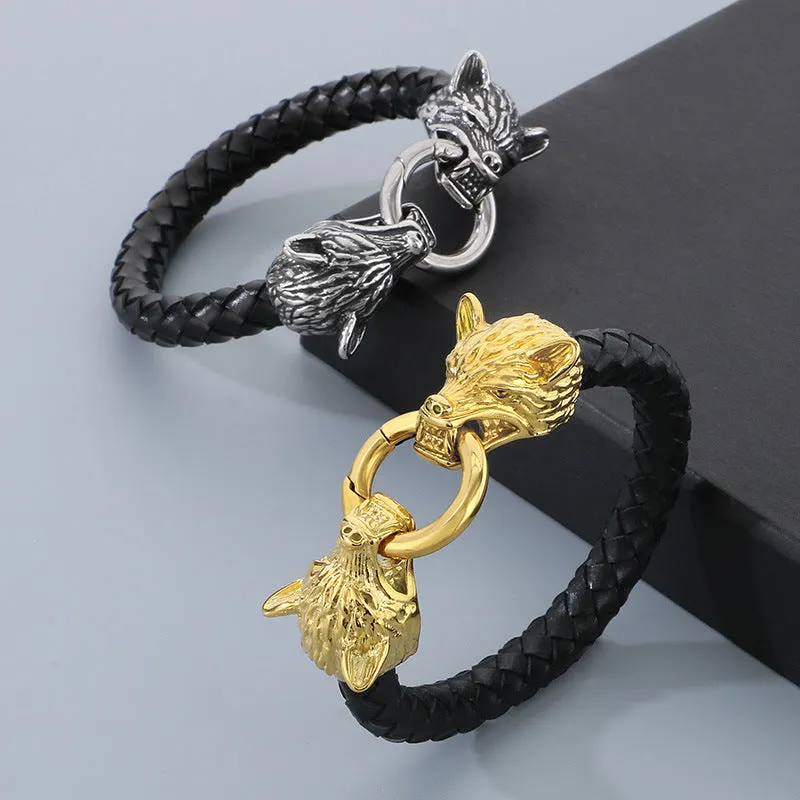 Viking-Inspired Woven Leather Bracelet with Skull Lion and Wolf Head Design for Men