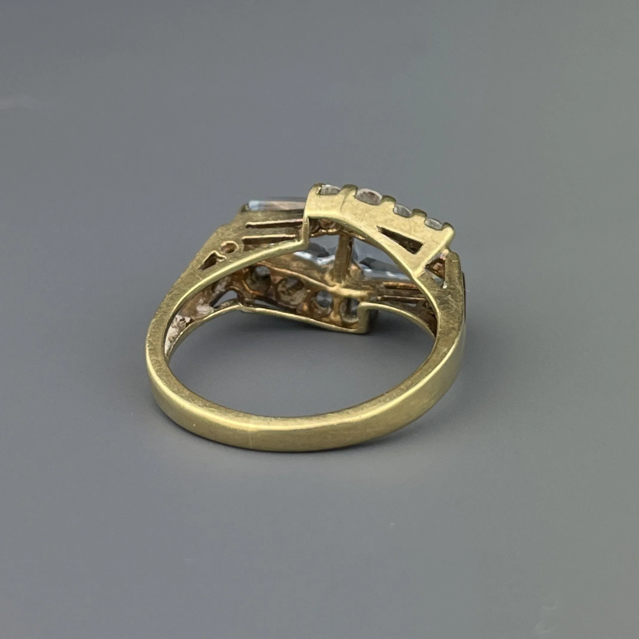 Vintage 10K Gold Blue and White Topaz Trapezoid Ring, Sz 5 1/4