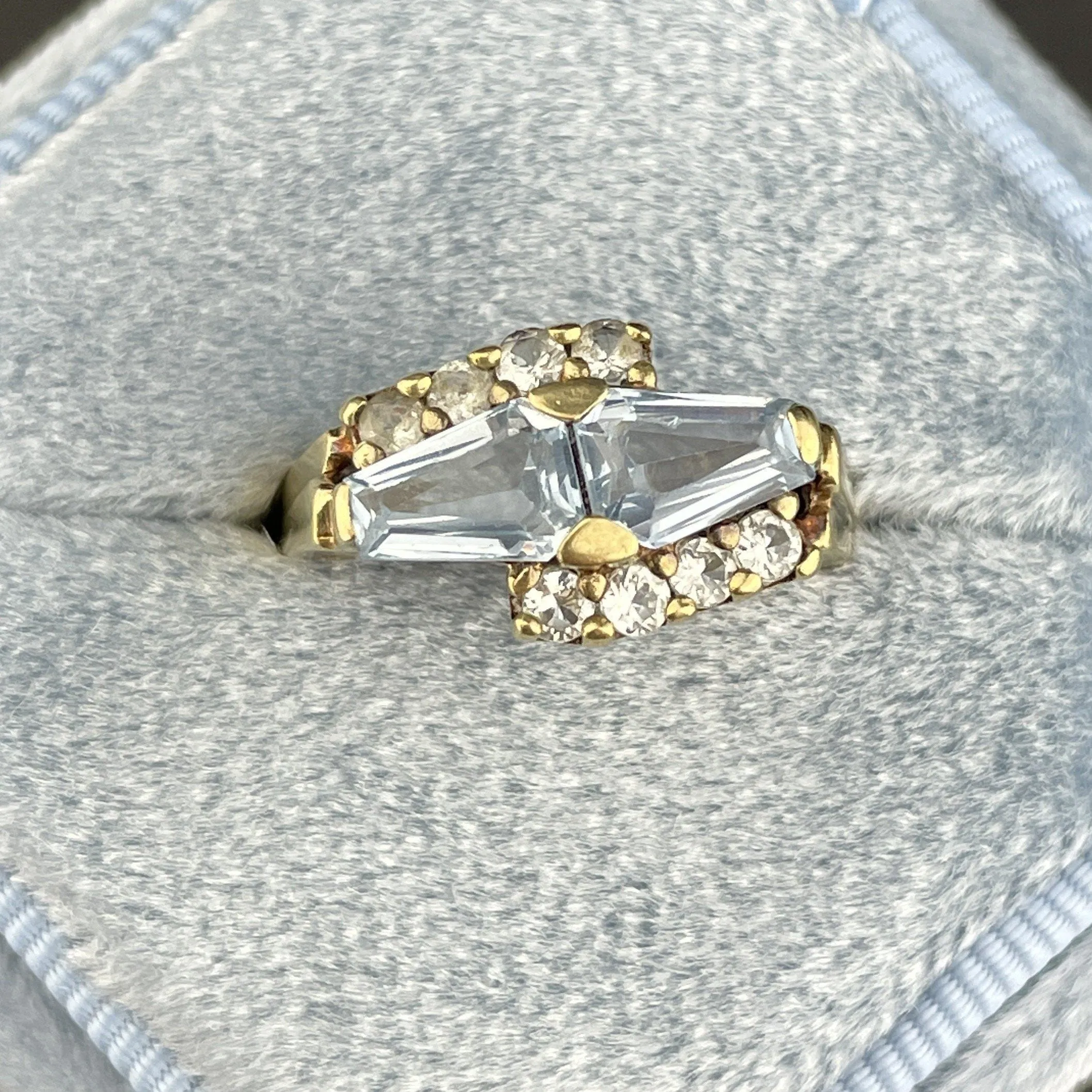 Vintage 10K Gold Blue and White Topaz Trapezoid Ring, Sz 5 1/4