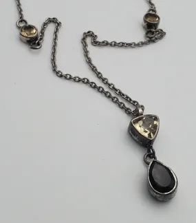 Vintage Citrine and Smoky Quartz Sterling Silver Pendant Chain Necklace