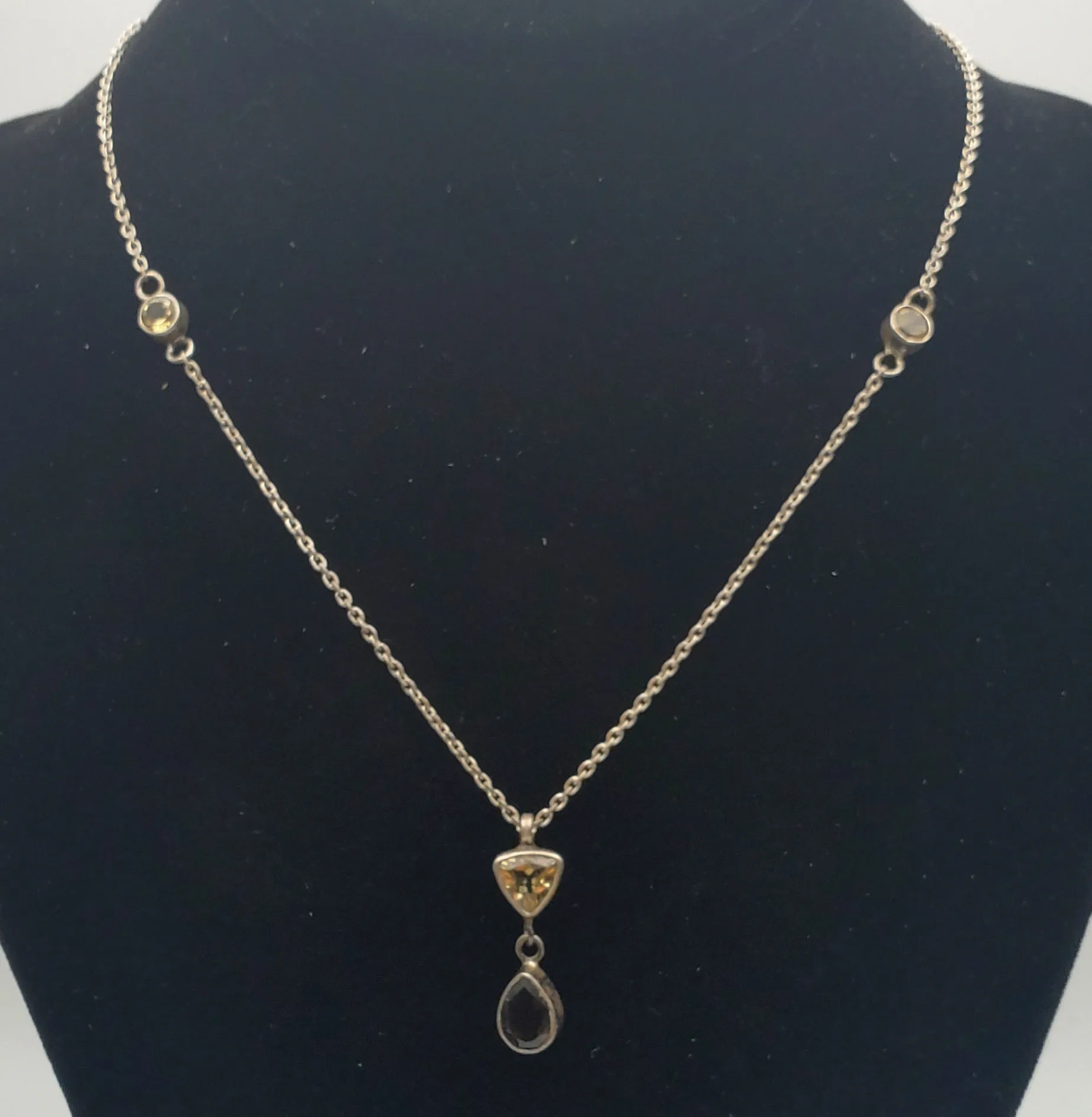 Vintage Citrine and Smoky Quartz Sterling Silver Pendant Chain Necklace