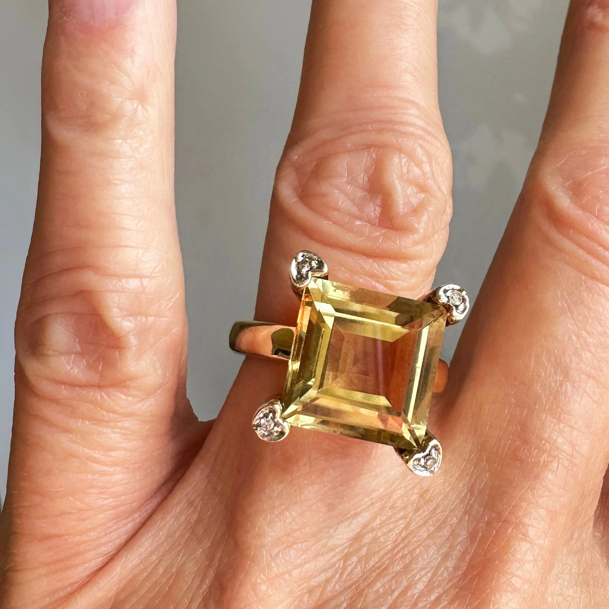 Vintage Diamond Heart Accent Square Step Cut Citrine Ring