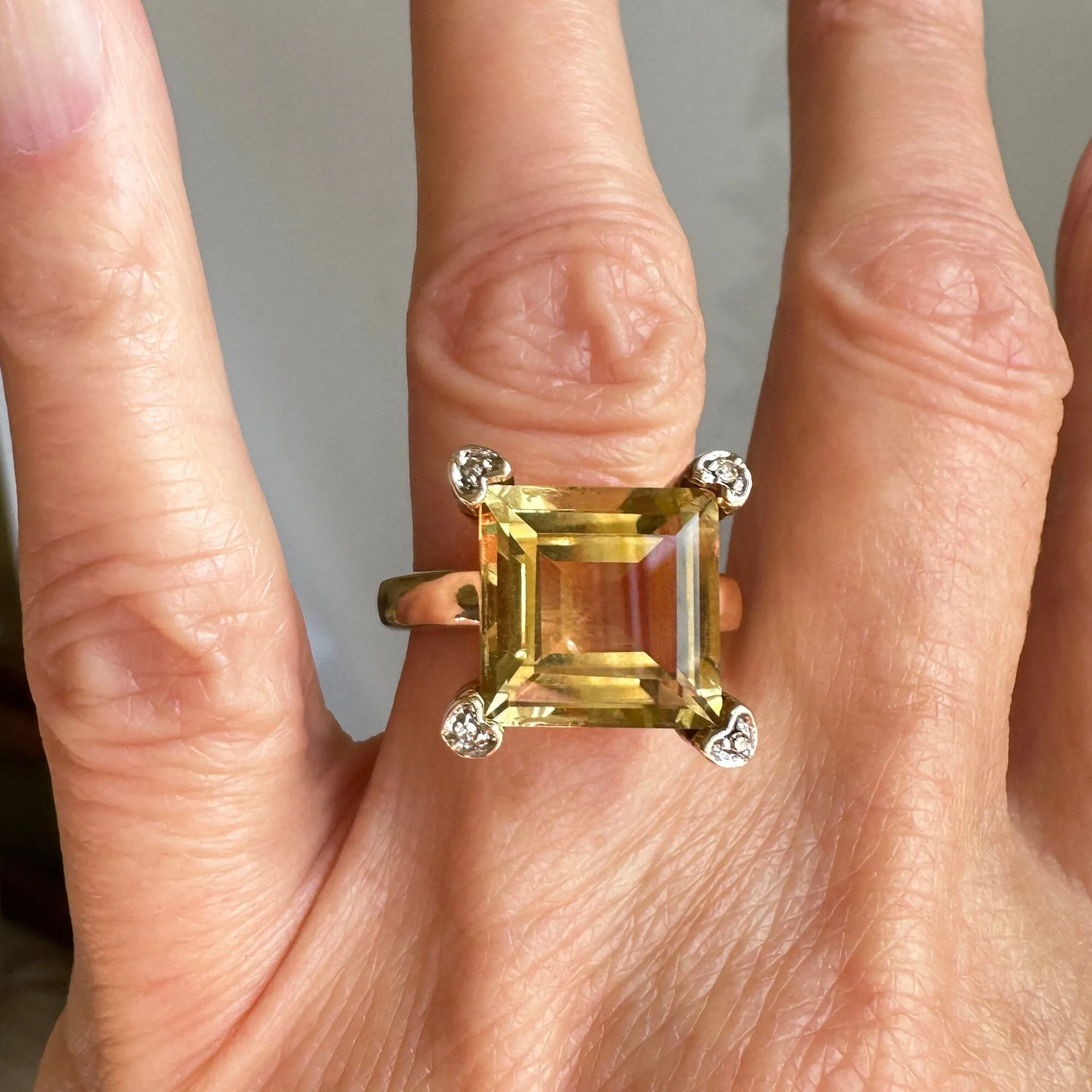 Vintage Diamond Heart Accent Square Step Cut Citrine Ring