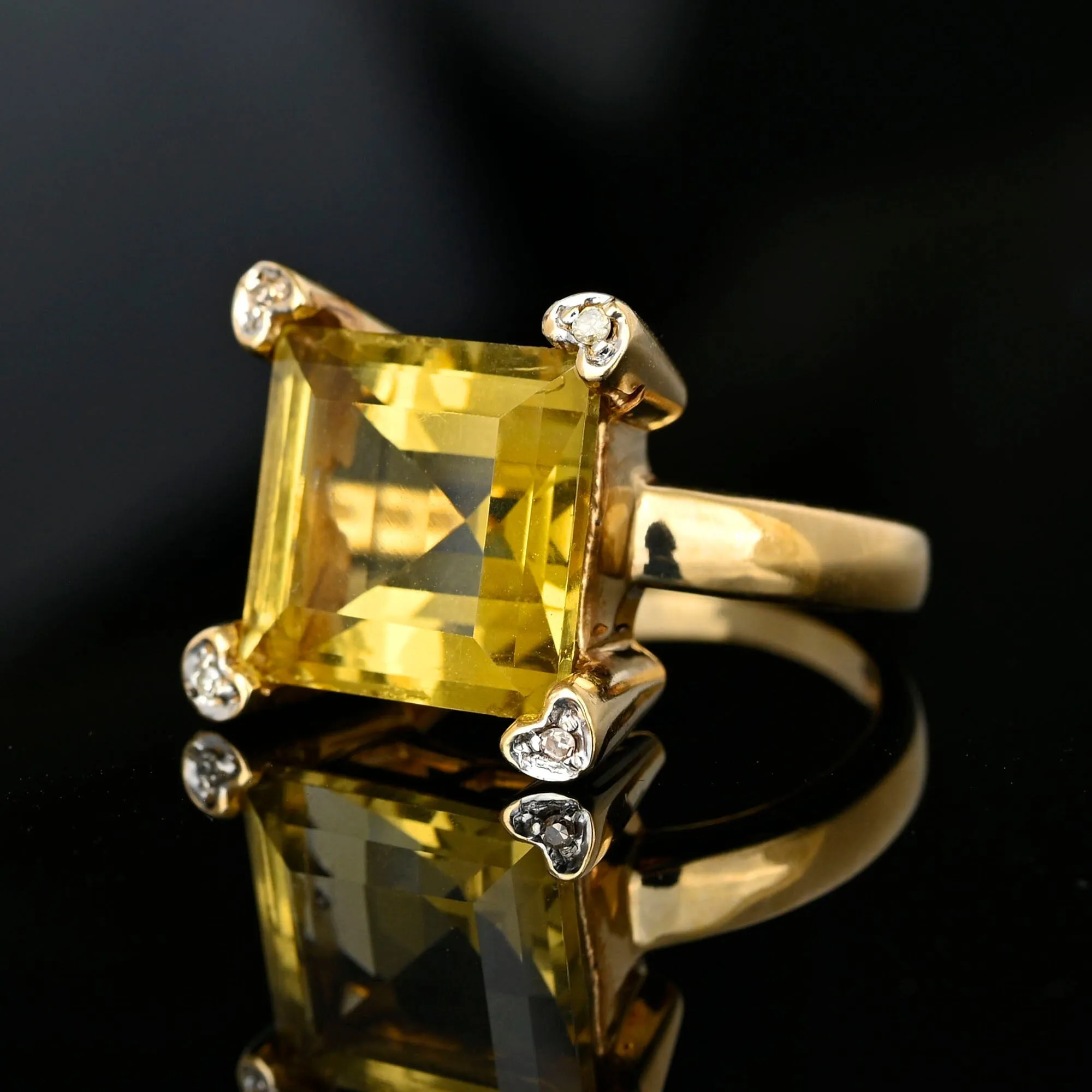 Vintage Diamond Heart Accent Square Step Cut Citrine Ring