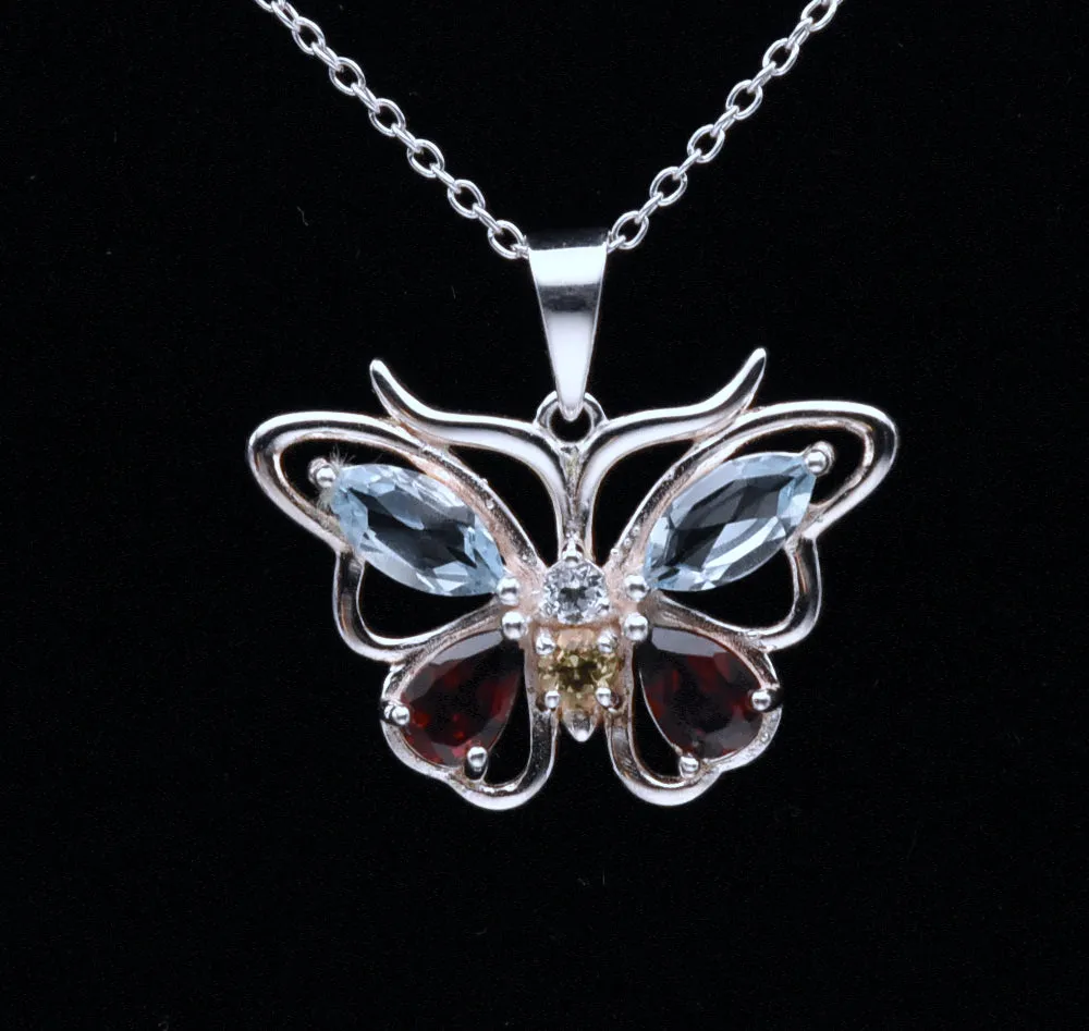 Vintage Gemstone Butterfly Sterling Silver Pendant on Sterling Silver Chain  Necklace - 18"