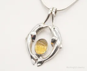 Vintage Large Kissing Dolphins Citrine Sterling Silver Necklace