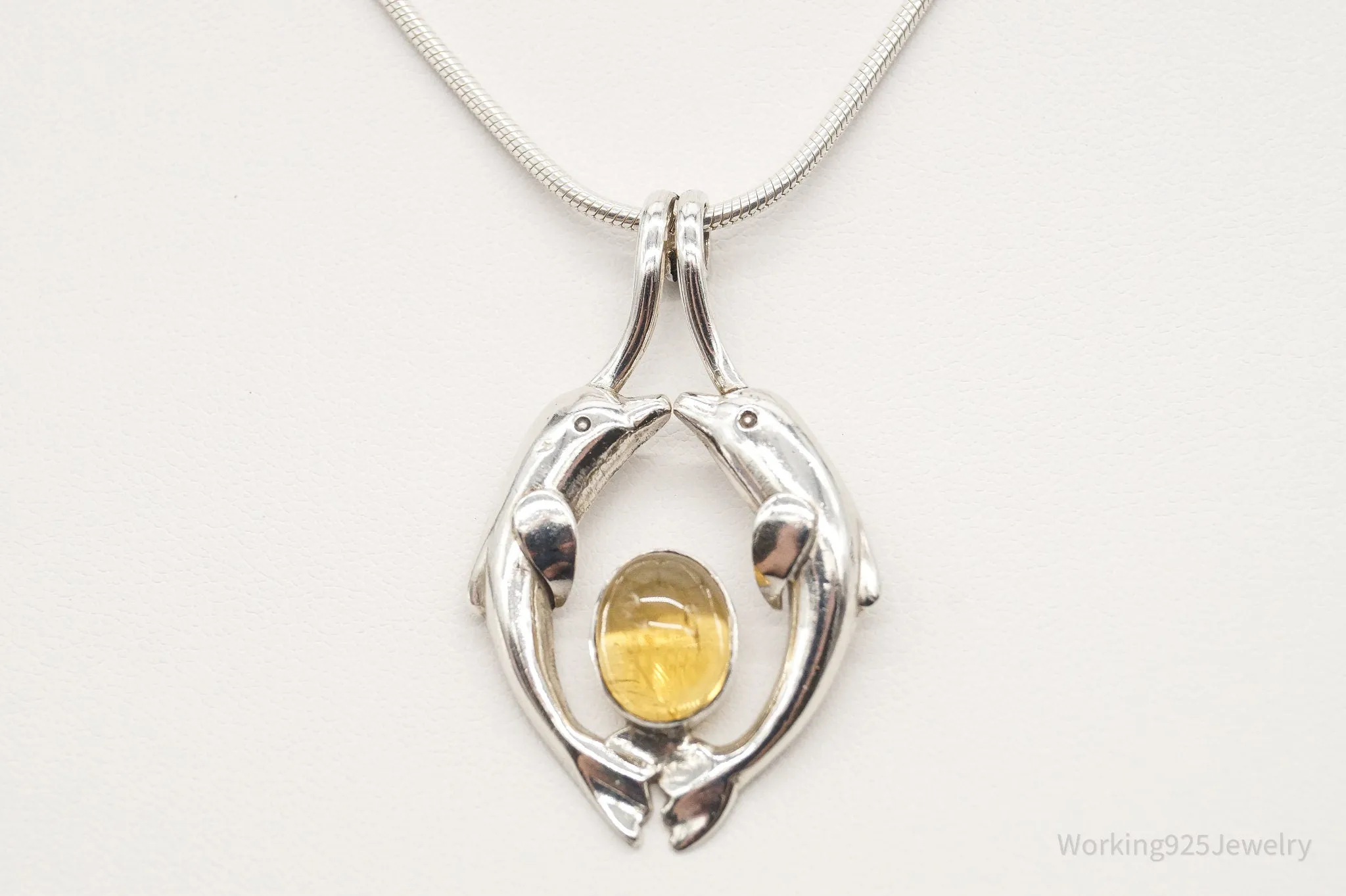 Vintage Large Kissing Dolphins Citrine Sterling Silver Necklace