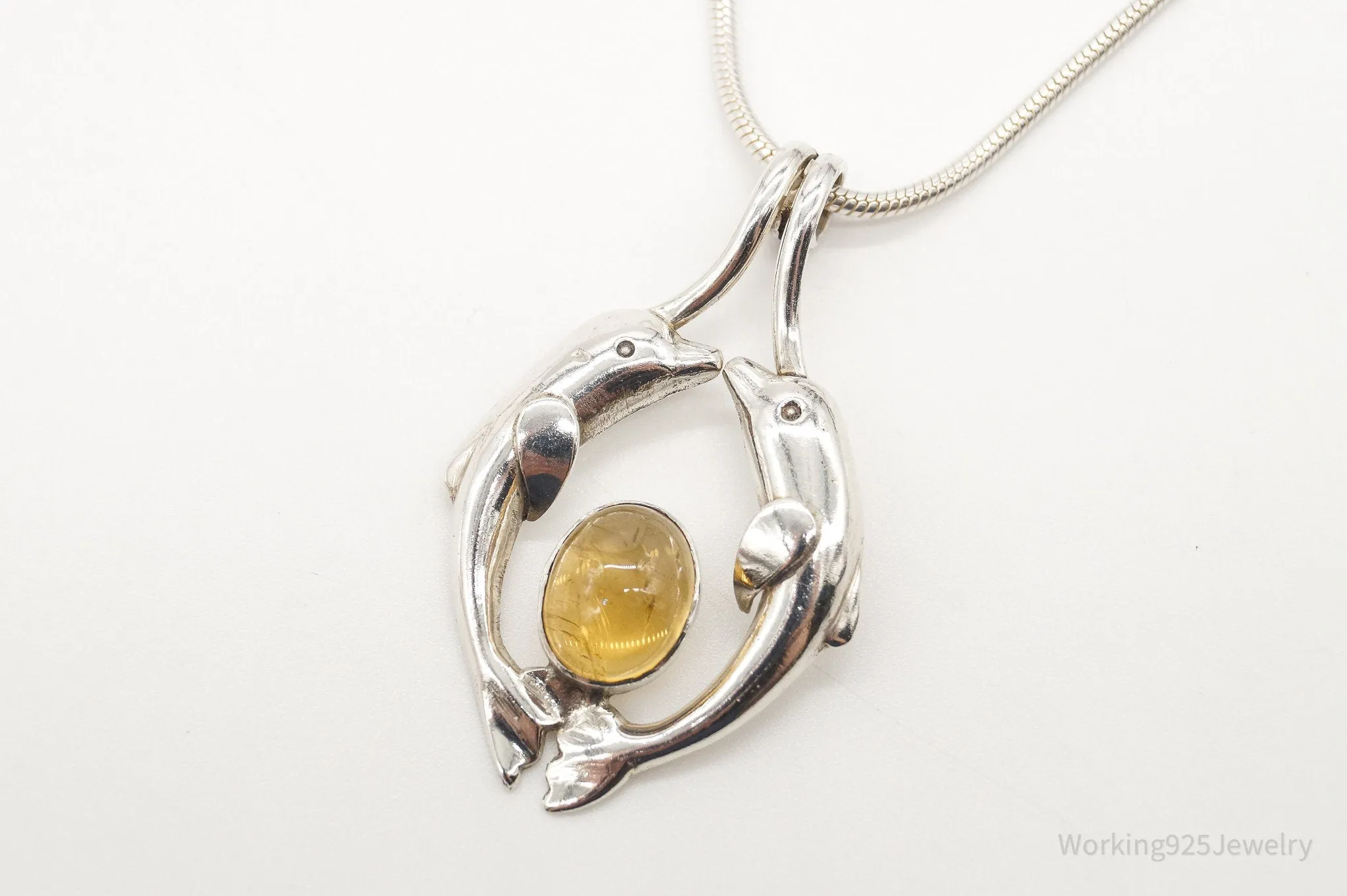 Vintage Large Kissing Dolphins Citrine Sterling Silver Necklace