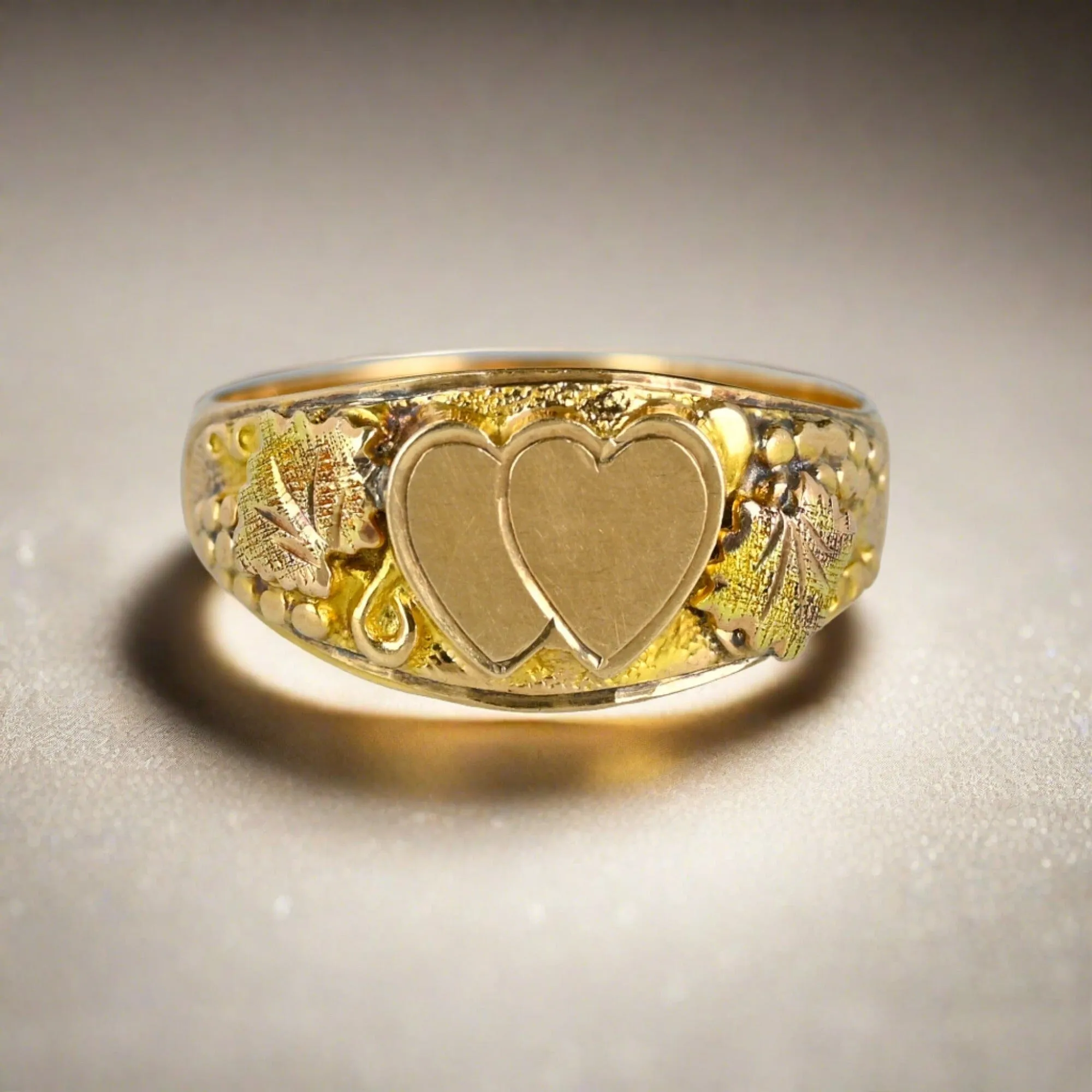 Vintage Rose and Yellow Gold Double Heart Ring Band