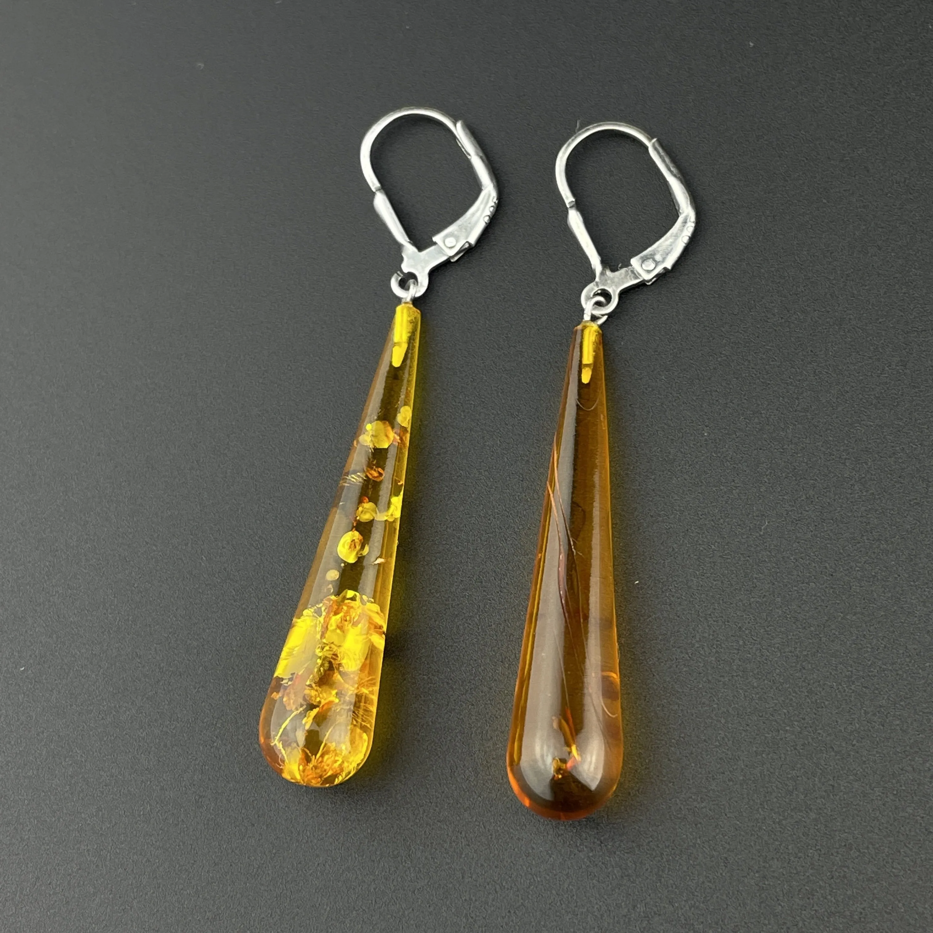 Vintage Sterling Silver Baltic Amber Art Deco Style Drop Earrings