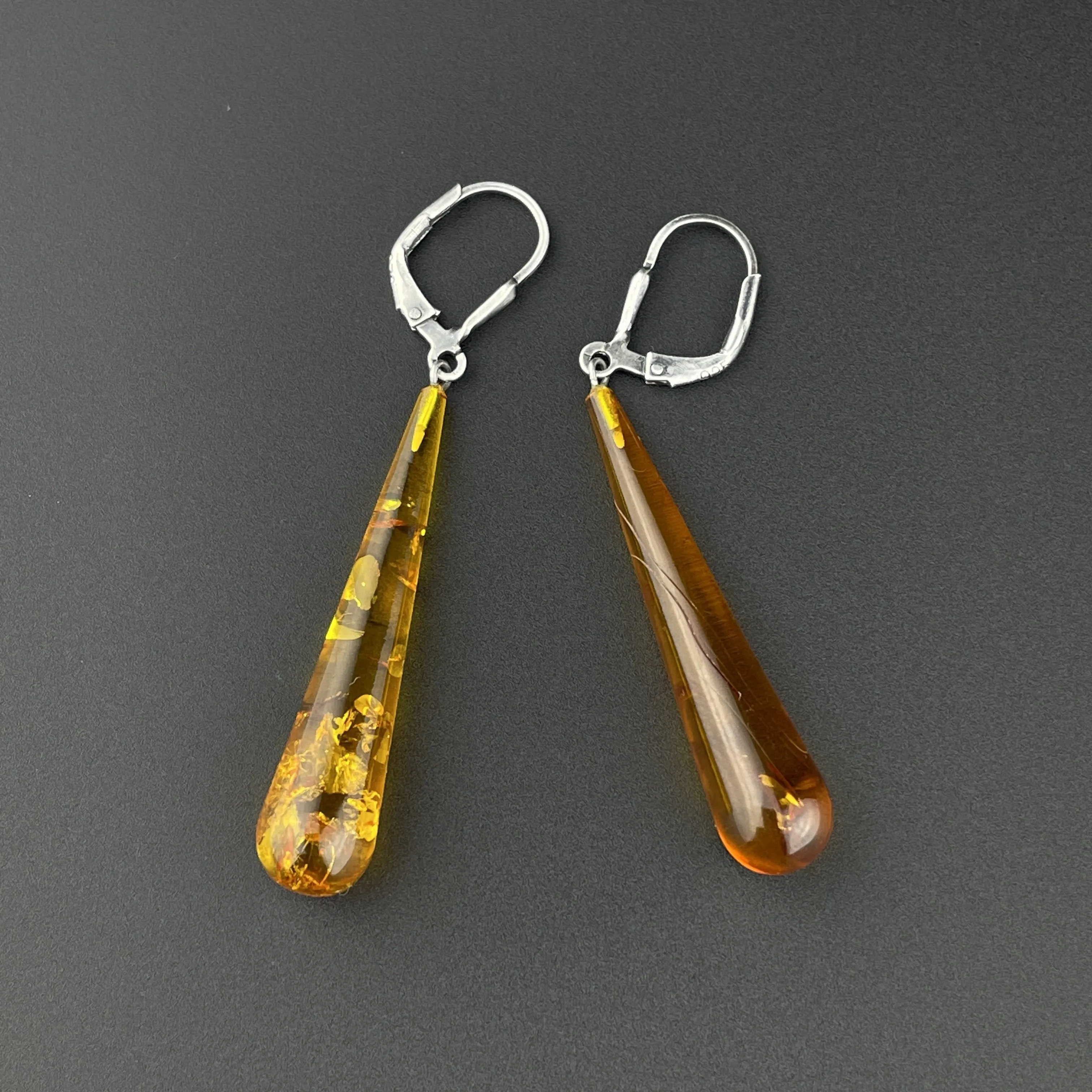 Vintage Sterling Silver Baltic Amber Art Deco Style Drop Earrings