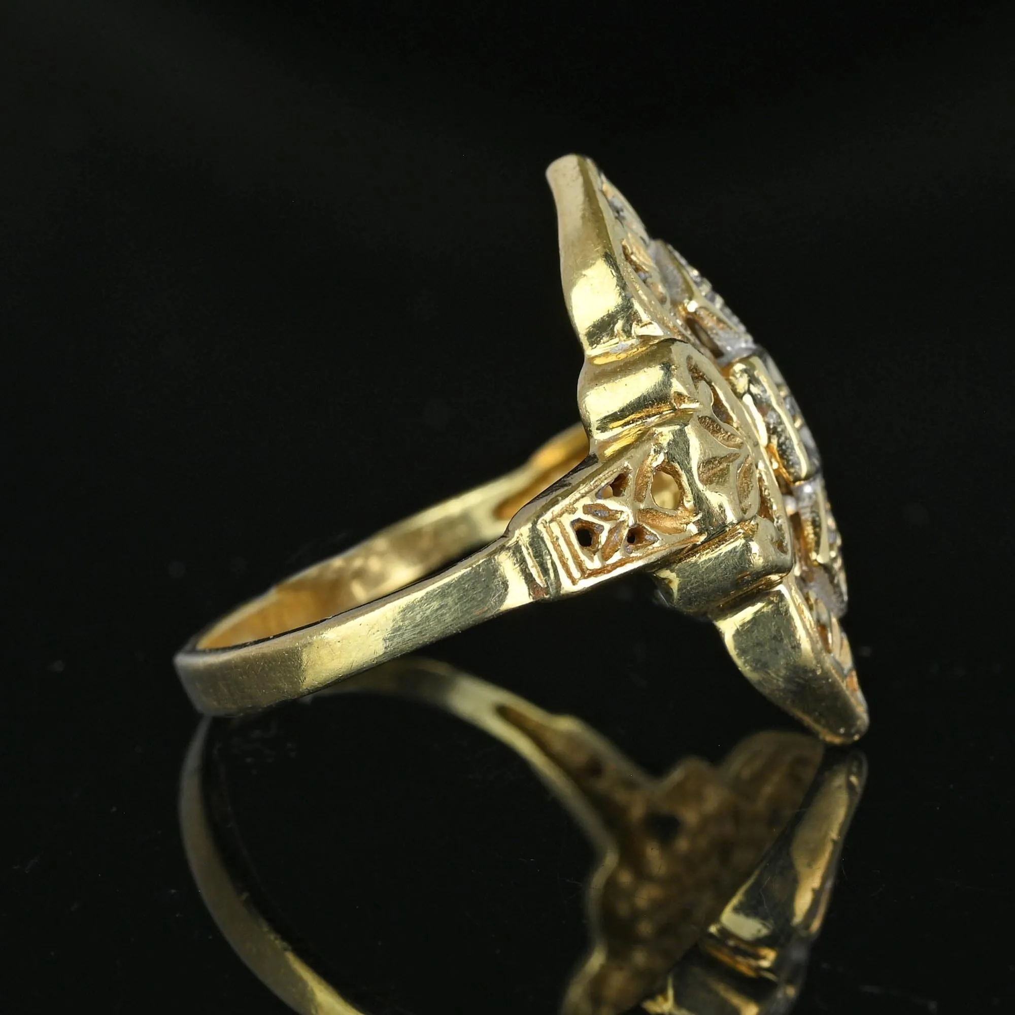 Vintage Two Tone Gold Floral Filigree Diamond Shield Ring