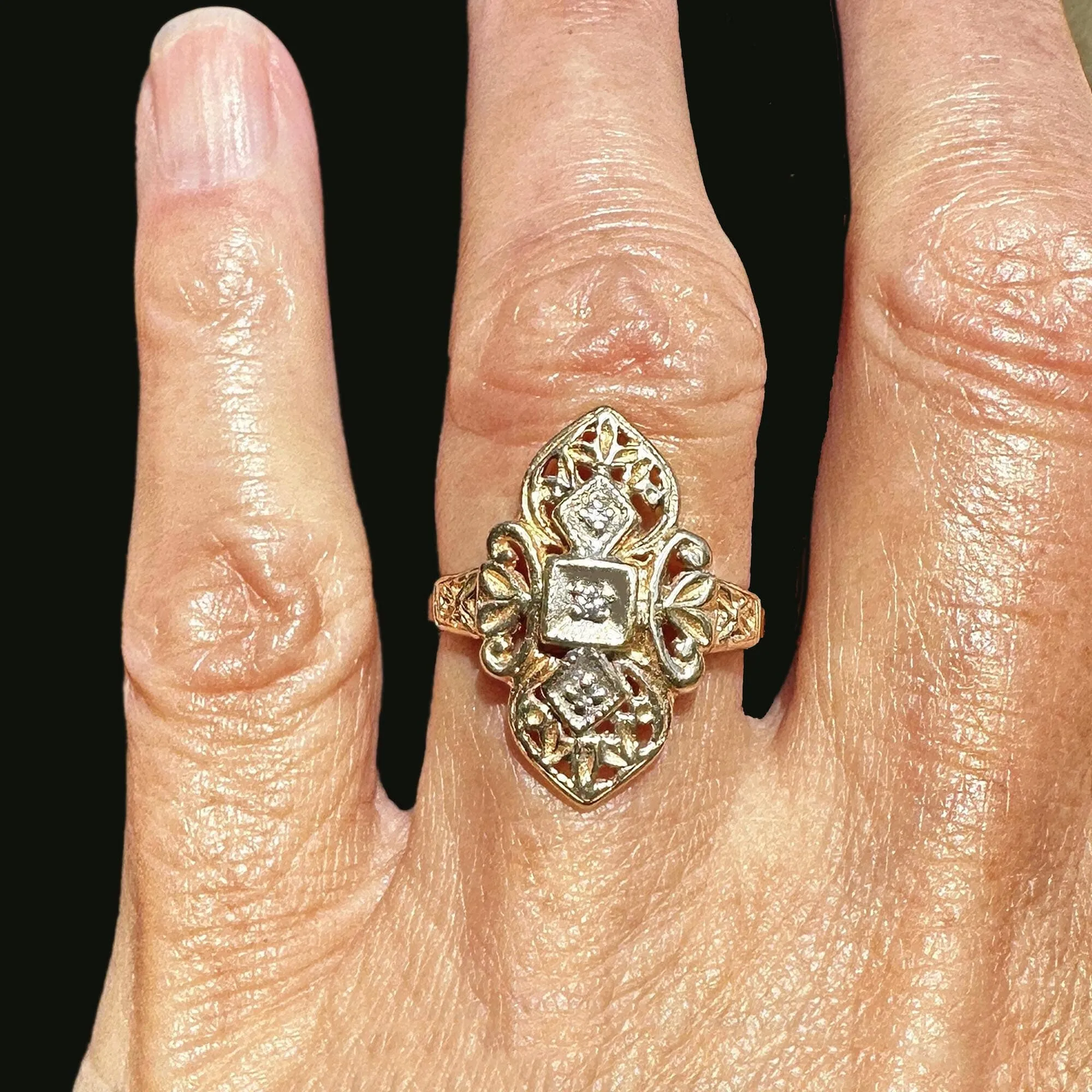 Vintage Two Tone Gold Floral Filigree Diamond Shield Ring