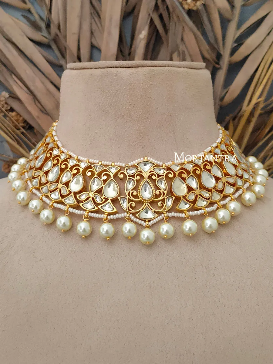 White Color Gold Plated Jadau Kundan Necklace Set - MS1665Y