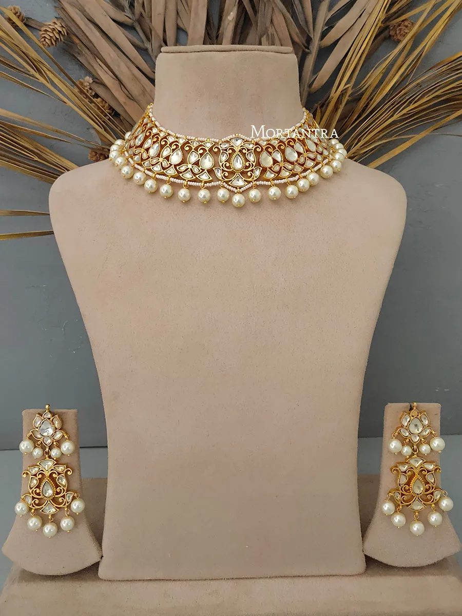 White Color Gold Plated Jadau Kundan Necklace Set - MS1665Y