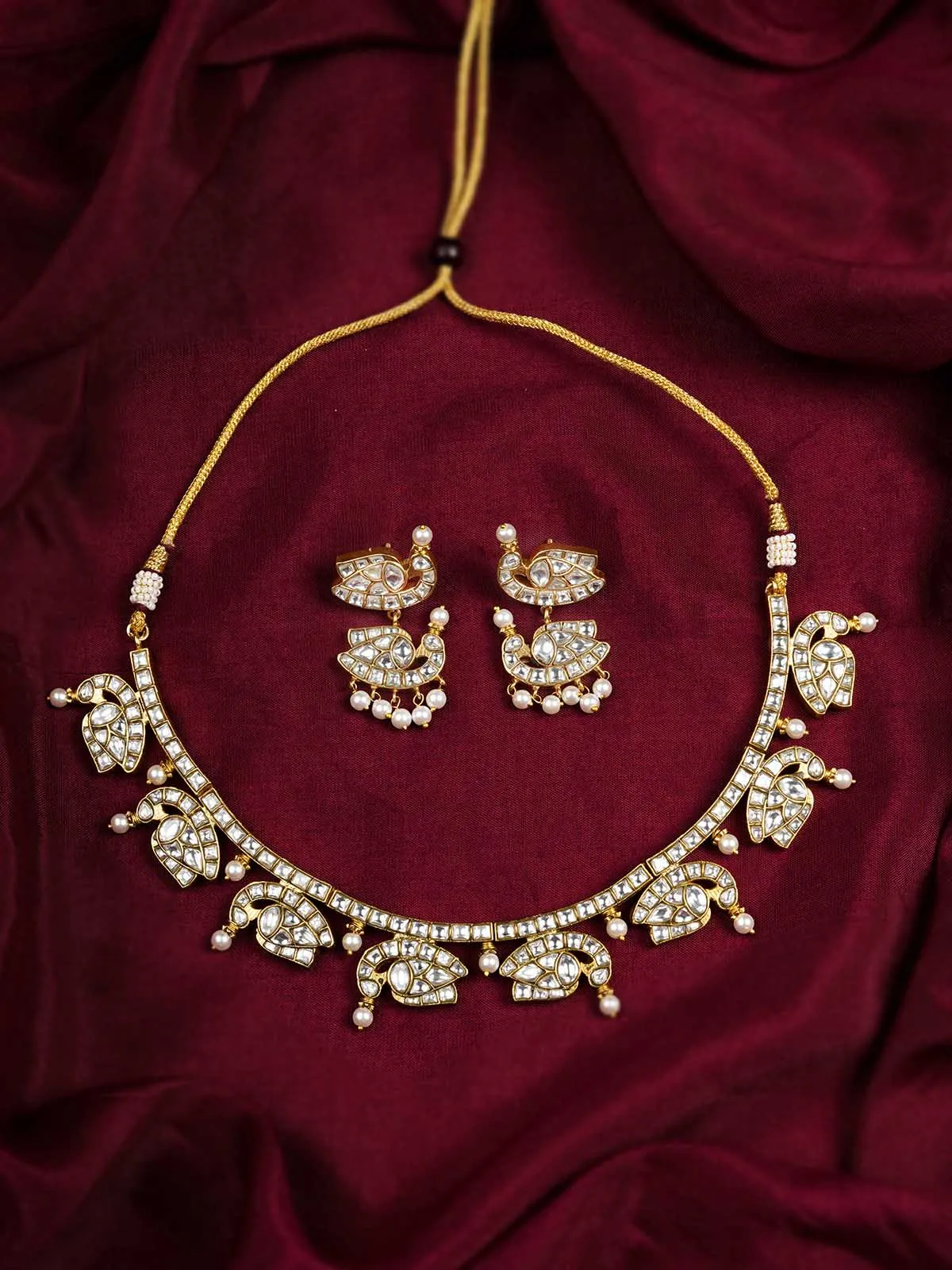 White Color Gold Plated Jadau Kundan Necklace Set - MS2014