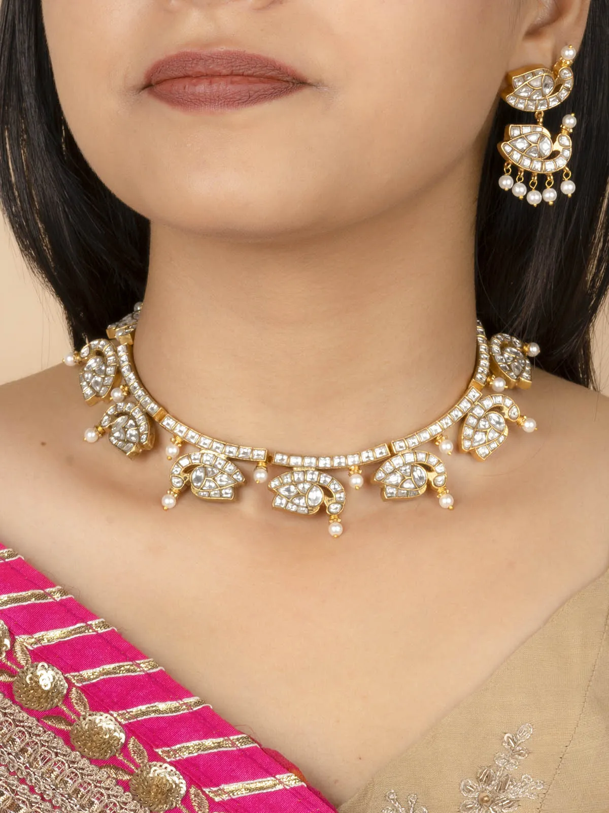 White Color Gold Plated Jadau Kundan Necklace Set - MS2014