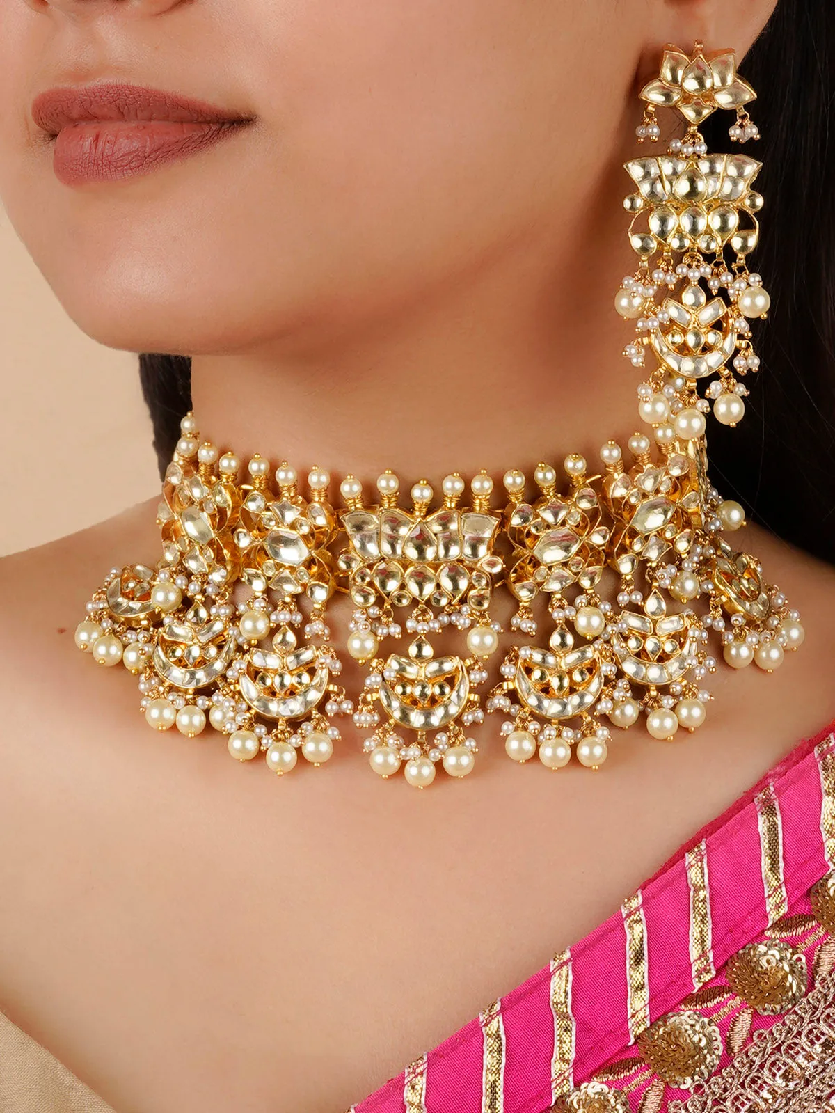 White Color Gold Plated Jadau Kundan Necklace Set - MS725YA