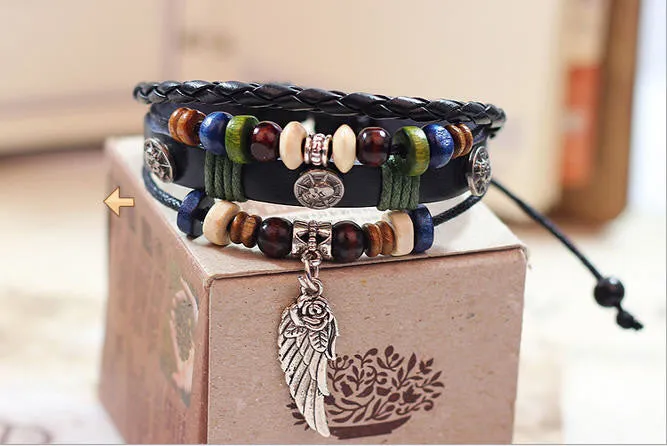 Wing Feather Charm Handmade Genuine Leather Adjustable Bracelet Wristband Jewelry Valentine's Day Gift Men Women bracelets