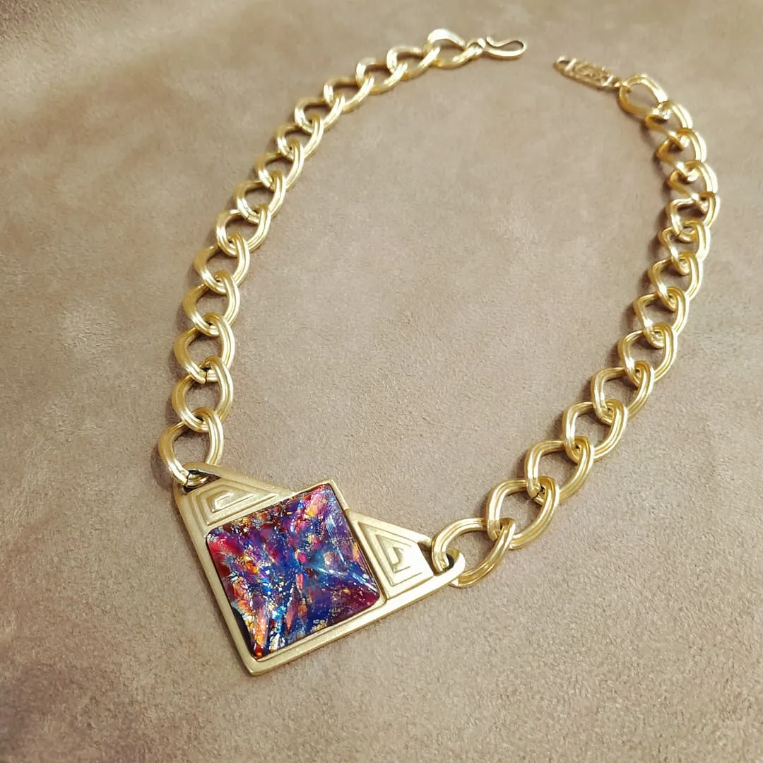 Yves Saint Laurent Vintage Necklace Gold Pink Purple Dichroic Glass Statement