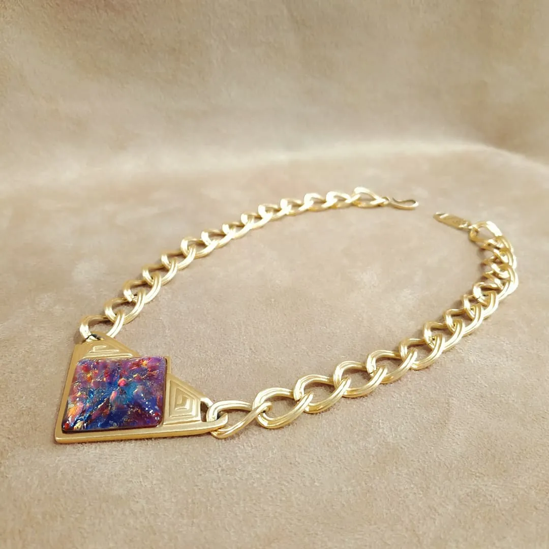 Yves Saint Laurent Vintage Necklace Gold Pink Purple Dichroic Glass Statement