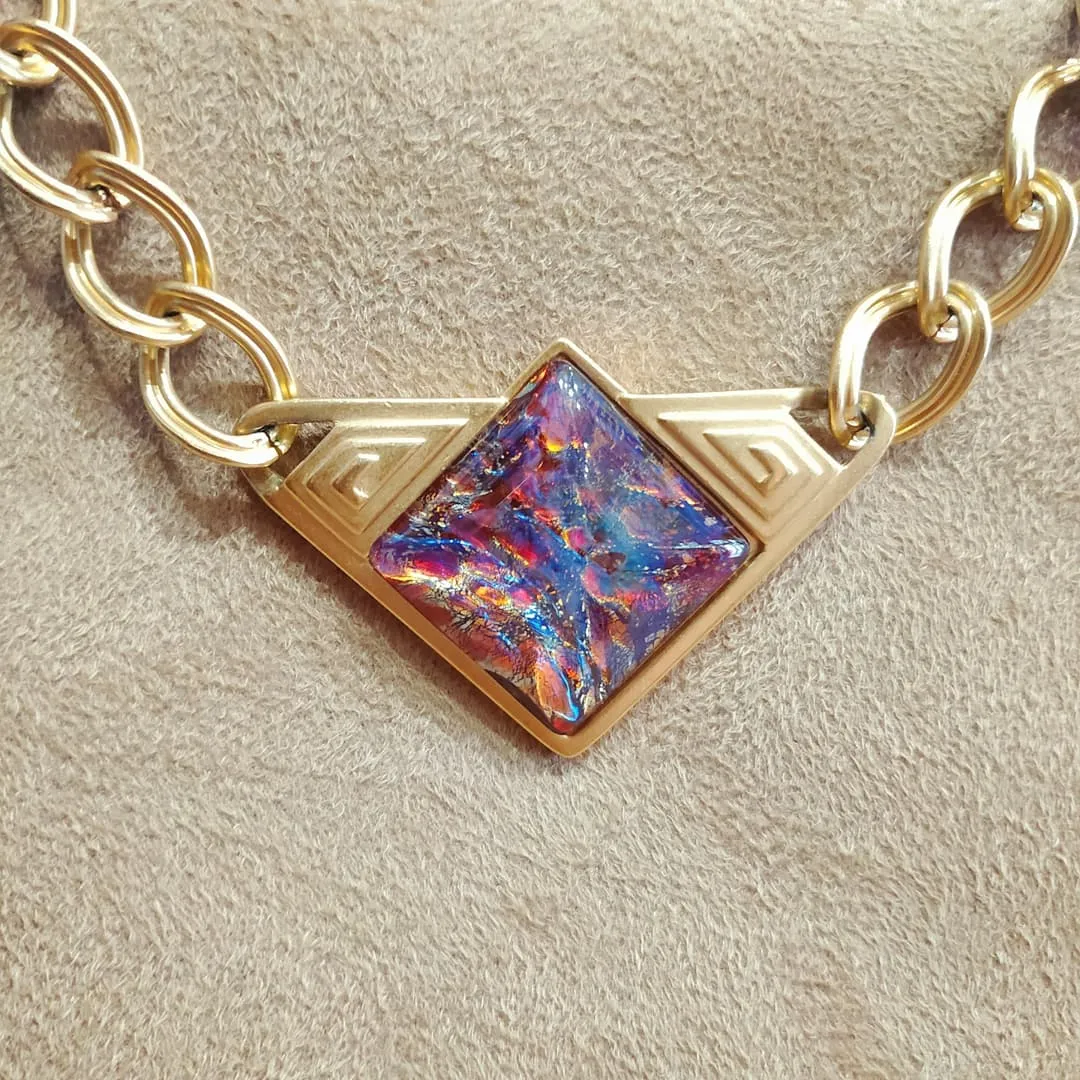 Yves Saint Laurent Vintage Necklace Gold Pink Purple Dichroic Glass Statement