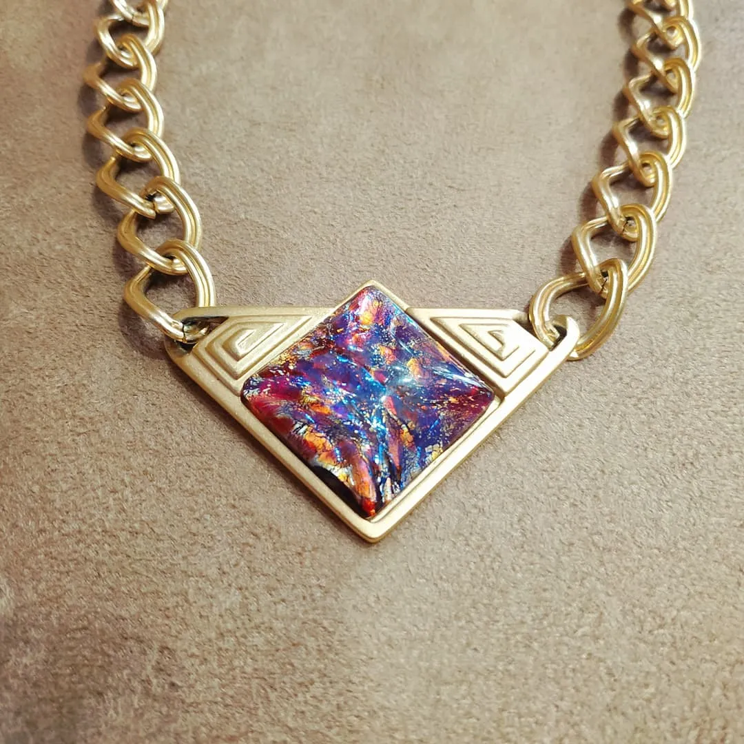 Yves Saint Laurent Vintage Necklace Gold Pink Purple Dichroic Glass Statement